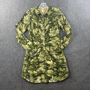 Pilcro Anthropologie Ruched Corduroy Dress Women's 6 Green Floral Camo Button